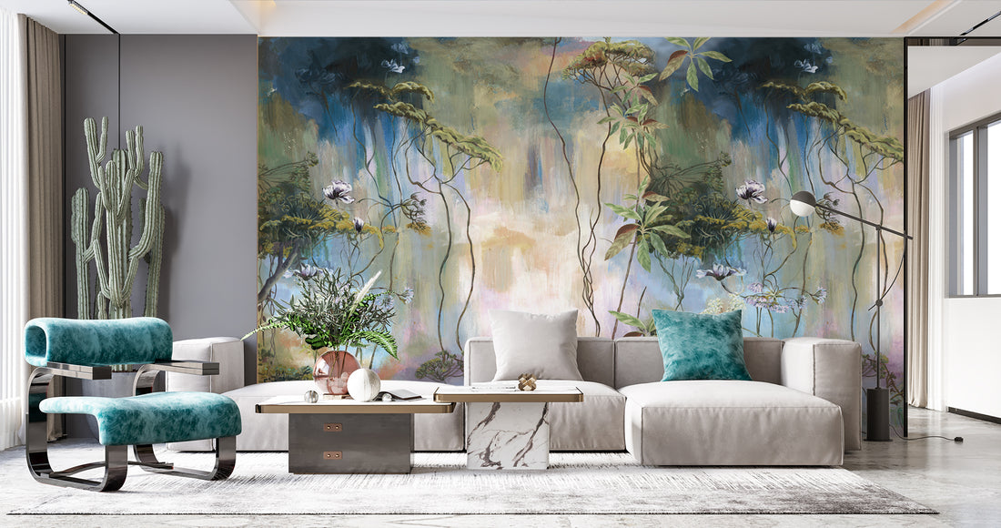 Fantasy Forest Wallpaper, Dreamy Jungle Wall Art, Ethereal Botanical Wall Decor, Pastel Floral Peel and Stick Wallpaper, Serene Nature Mural for Bedroom