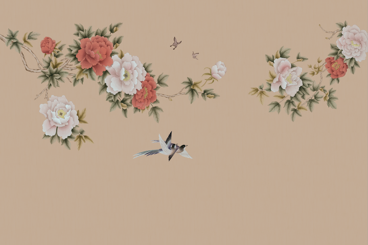 Peonies Wall Mural, Watercolor Mural, Vintage Chinoiserie Wallpaper, Oriental Decor, Vintage Art, Home Decoration, Living Room Mural