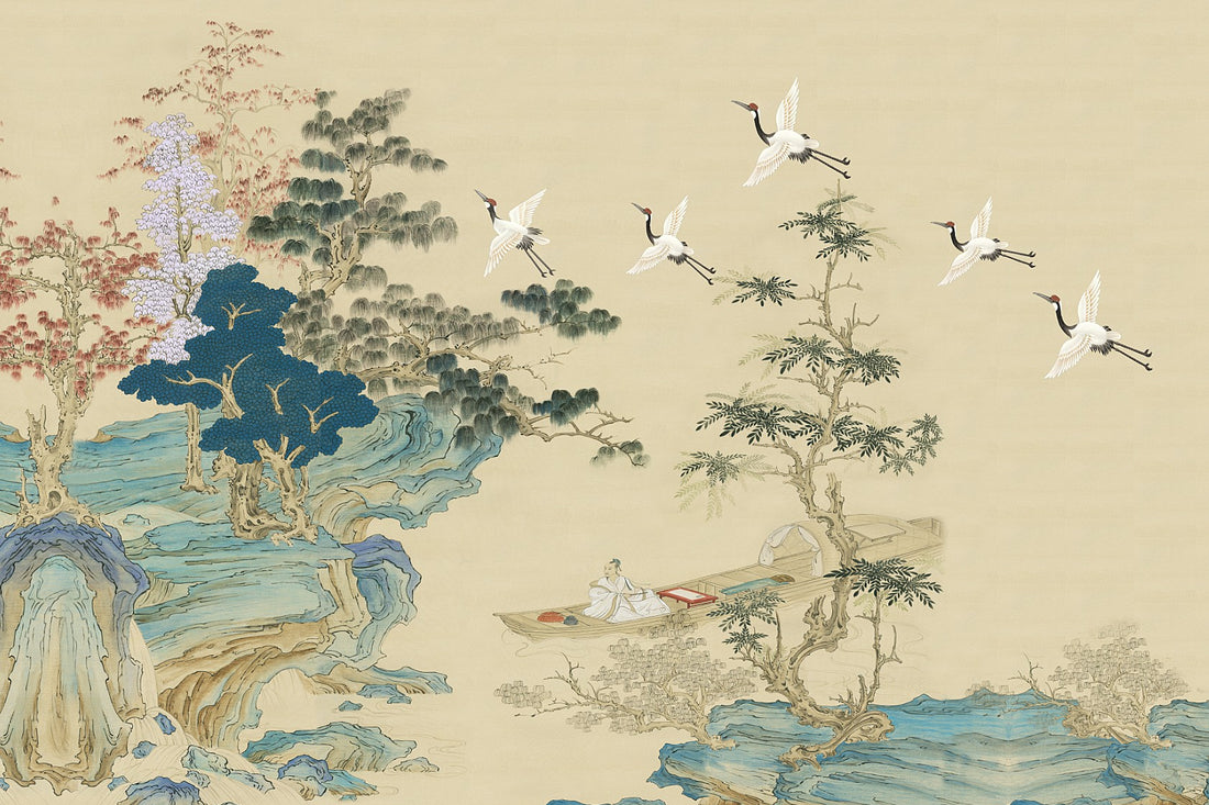 Retro Wallpaper, Vintage Chinoiserie Landscape Peel And Stick Wallpaper, Mountain Wall Mural, Peel And Stick, Vintage Mural