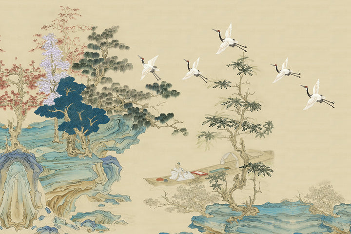 Retro Wallpaper, Vintage Chinoiserie Landscape Peel And Stick Wallpaper, Mountain Wall Mural, Peel And Stick, Vintage Mural