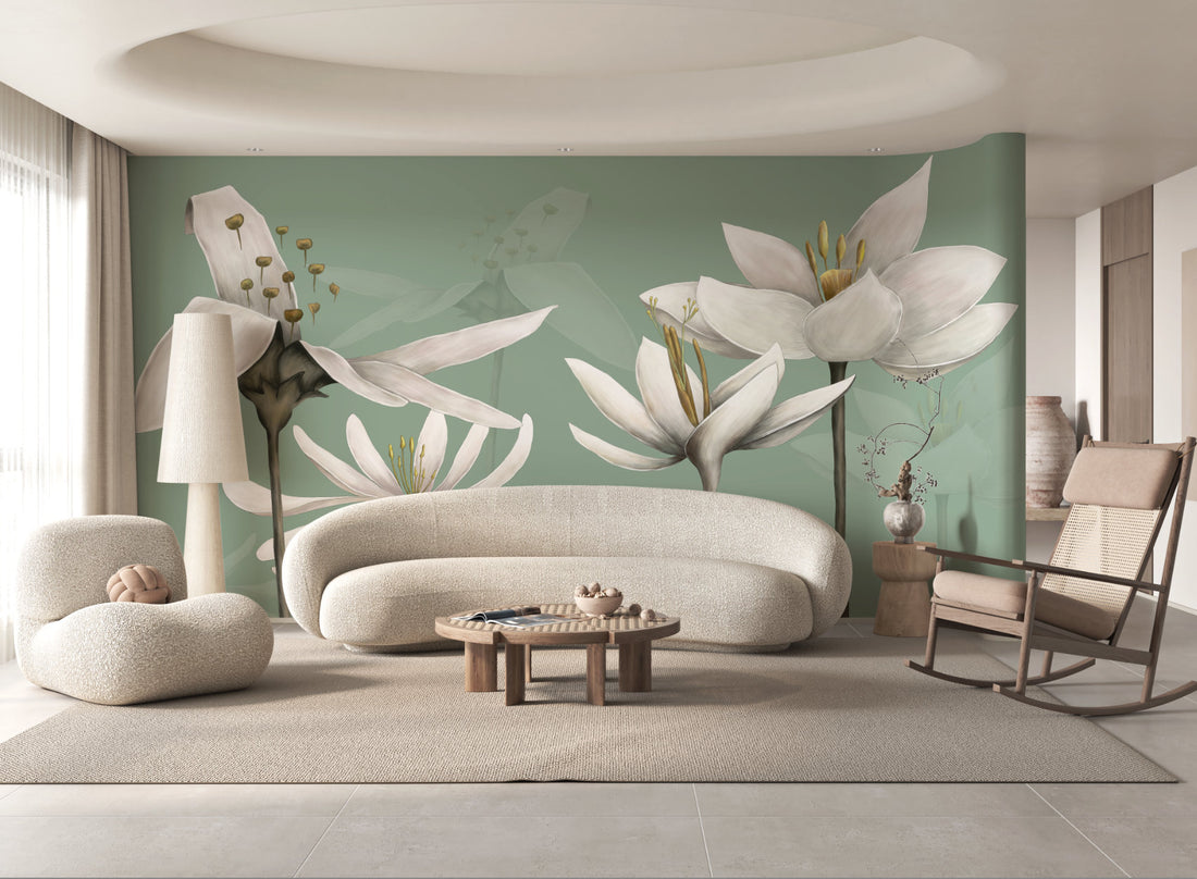 Floral Peel and Stick Wallpaper, White Lily Wall Decor, Botanical Wallpaper for Living Room, Self Adhesive Wallpaper, Green Floral Wallpaper, Nature Inspired Wall Art
