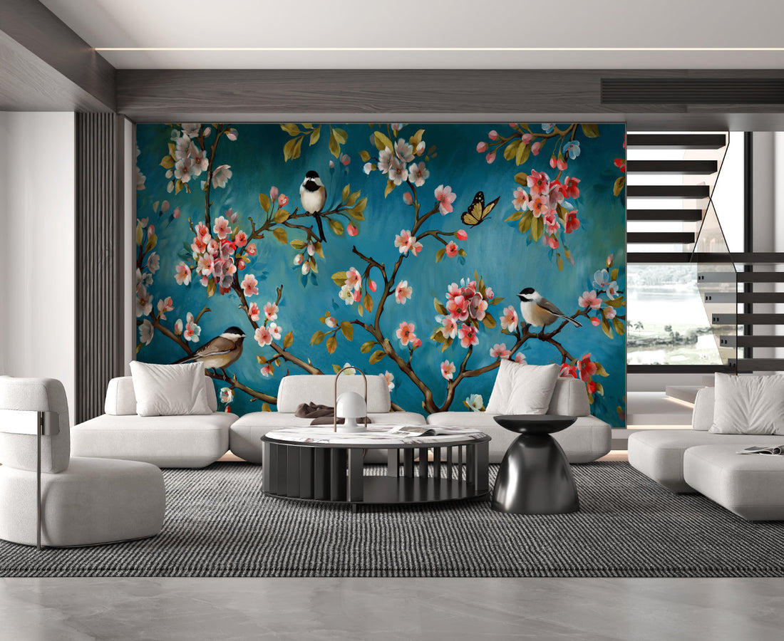 Nature Inspired Wallpaper, Beautiful Floral and Bird Wall Art, Blue Background Peel and Stick Wallpaper, Modern Living Room Decor Ideas, Large Canvas Wall Art, Self Adhesive Wallpaper for Bedroom