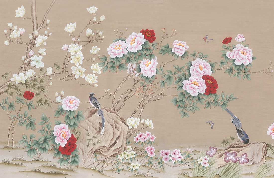 Chinese Traditional Floral Wallpaper, Peony and Magnolia Peel and Stick Wallpaper, Elegant Bird Wall Art, Self Adhesive Wallpaper for Living Room, Asian Inspired Wall Decor