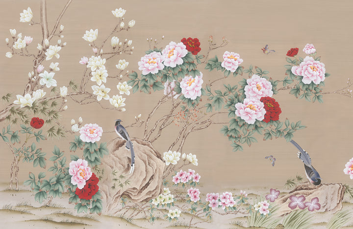 Chinese Traditional Floral Wallpaper, Peony and Magnolia Peel and Stick Wallpaper, Elegant Bird Wall Art, Self Adhesive Wallpaper for Living Room, Asian Inspired Wall Decor