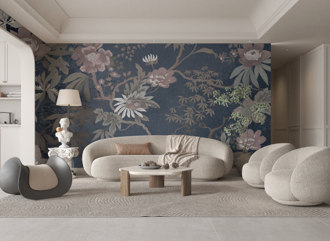 Floral Peel and Stick Wallpaper, Pink and Blue Botanical Wallpaper, Traditional Oriental Wall Art, Self Adhesive Wallpaper for Living Room, Bedroom Decor