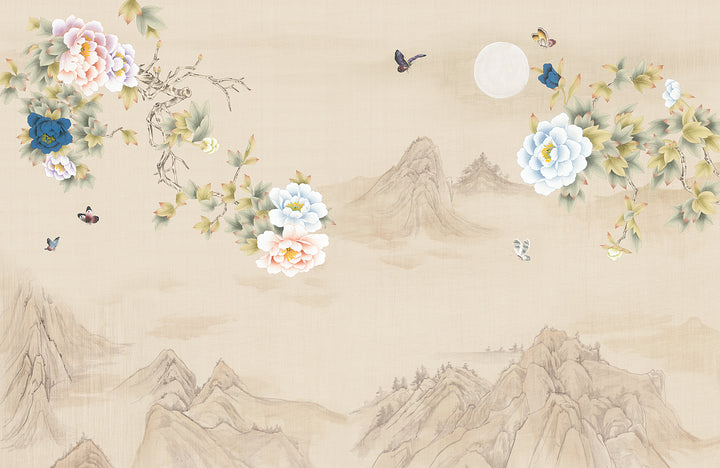 Chinese Style Wall Mural, Traditional Floral Wall Art, Asian Inspired Wall Decor, Mountain and Bird Painting, Elegant Living Room Wallpaper, Peel and Stick Wallpaper, Large Canvas Wall Art