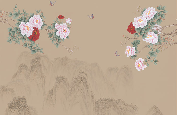 Traditional Chinese Floral Wallpaper, Peony and Bird Wall Art, Pastoral Landscape Wall Decor, Elegant Home Interior Design, Asian Inspired Wall Mural