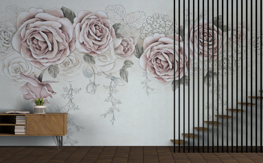 Floral Peel and Stick Wallpaper, Pink and Grey Roses, Elegant Living Room Decor, Romantic Bedroom Wallpaper, Self Adhesive Wallpaper, Modern Farmhouse Decor