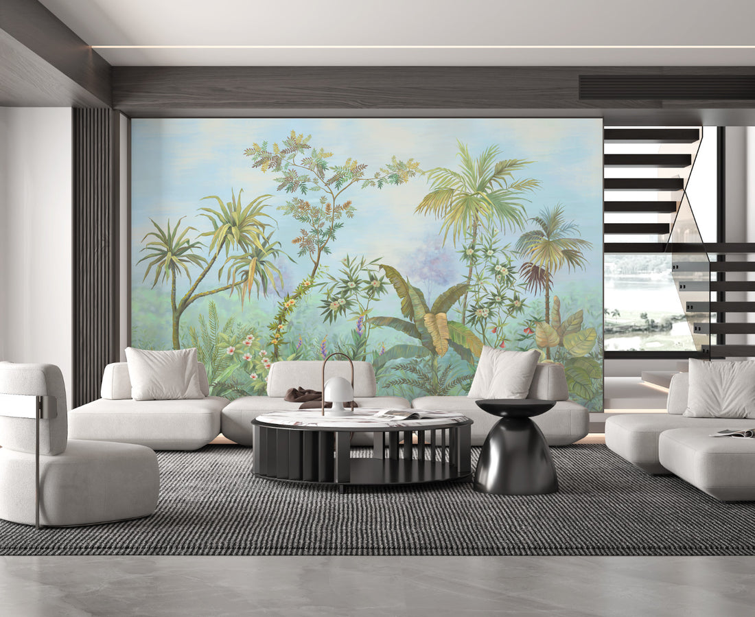 Tropical Rainforest Peel and Stick Wallpaper, Lush Green Botanical Wall Decor, Pastel Sky Jungle Wall Mural, Living Room Decor Ideas, Bedroom Wall Art, Self Adhesive Removable Wallpaper
