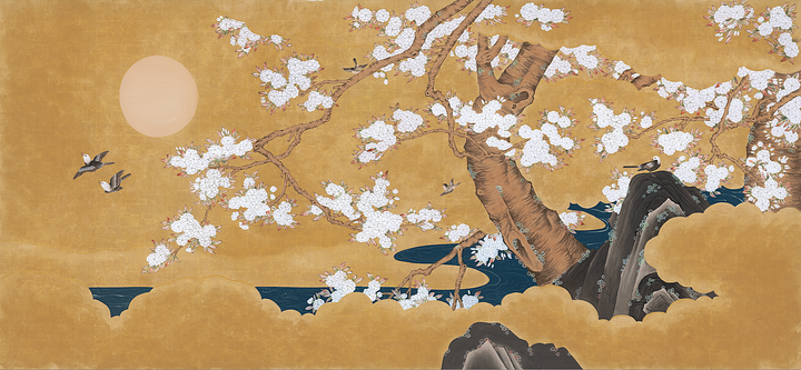 Chinoiserie Oriental-Style,Moon-Blossom Mural, Traditional Wallpaper, Peel And Stick Wallpaper,Serene Living Room/Bedroom Art Decor