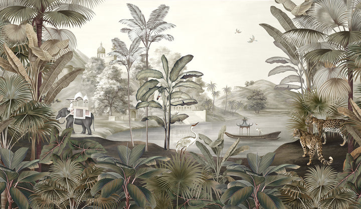 Tropical Colonial Landscape Peel And Stick Wallpaper, Blue Vintage Jungle Non Woven Mural, Coastal River Scene Wall Mural
