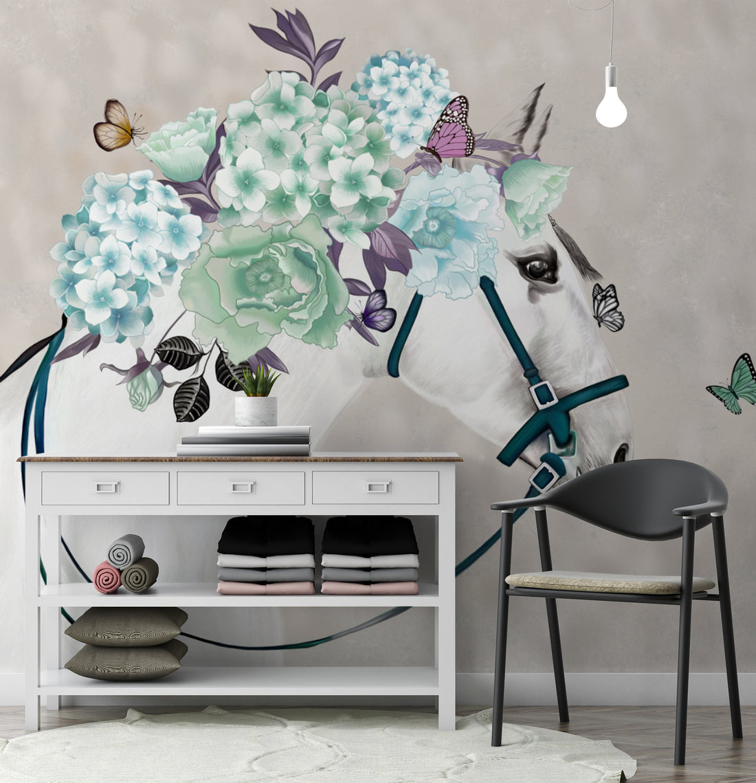 Serene Horse Floral Wallpaper, Peel and Stick Wallpaper for Living Room, Modern Wall Art for Living Room, Large Canvas Wall Art, Black and White Wall Art, Living Room Decor Ideas