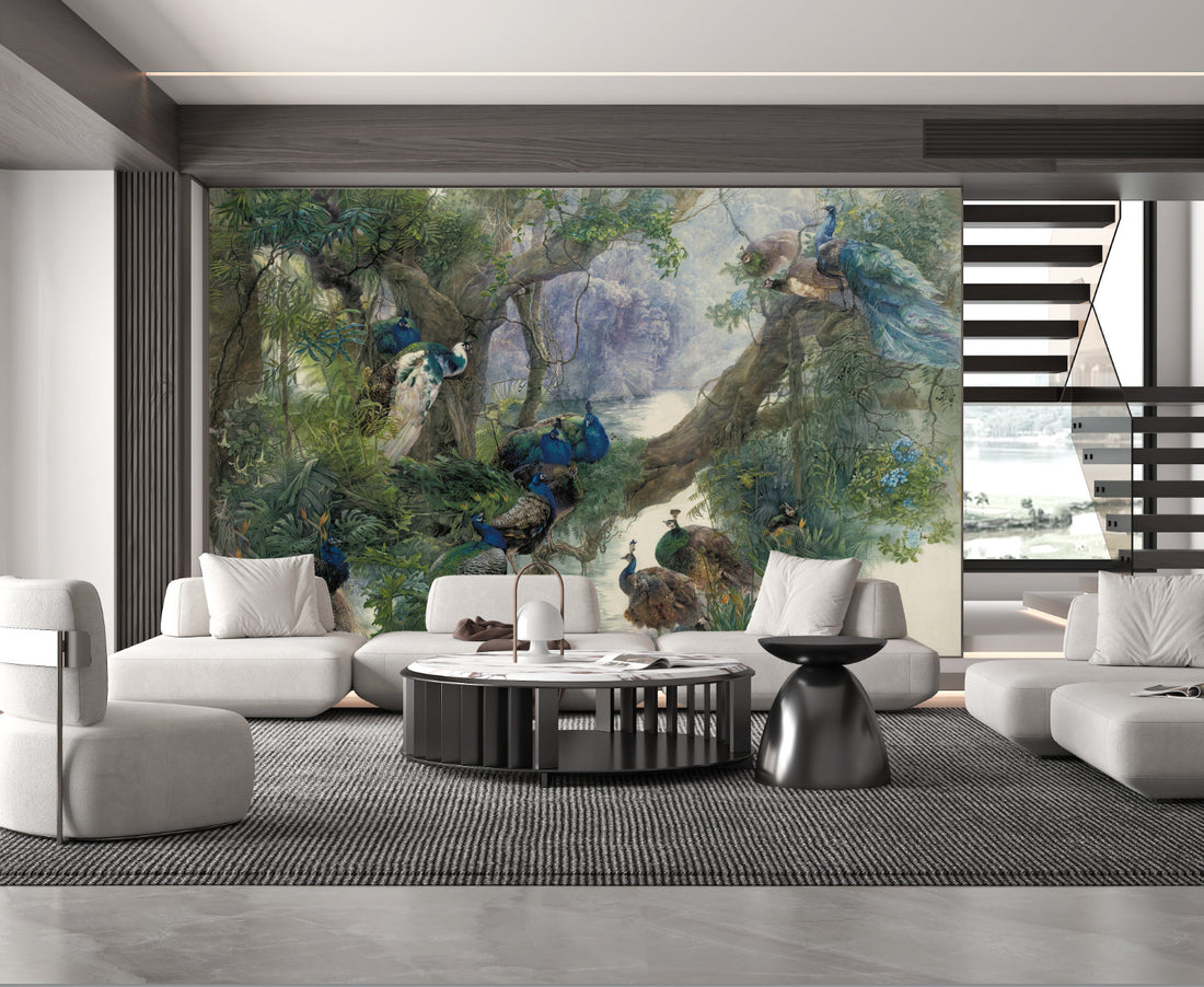 Beautiful Nature Landscape Wallpaper, Peacock Forest Wall Art, Green Botanical Wall Decor, Large Canvas Prints for Living Room, Serene Wildlife Wall Painting, Modern Wall Art for Home
