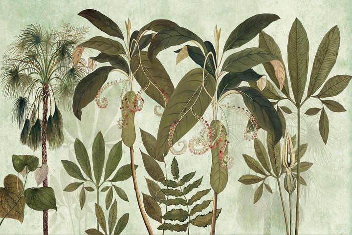 Tropical Botanical Wall Mural, Peel And Stick Wallpaper, Vintage-Style Plant Decor, Green Leafy Design, Removable Wallpaper, Tree Wallpaper