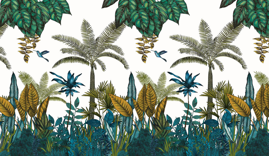 Black And White Wallpaper, Tropical Jungle Peel And Stick Mural, Botanical Decor, Wild Forest Wallpaper, Blue Wall Decor, Trees Wallpaper