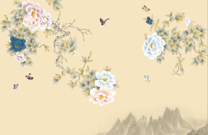 Chinese Floral Wallpaper, Traditional Peony Wall Art, Butterfly Wall Decor, Elegant Scroll Painting Design, Pastel Home Decor, Asian Inspired Wallpaper, Serene Mountain Background, Intricate Floral Patterns