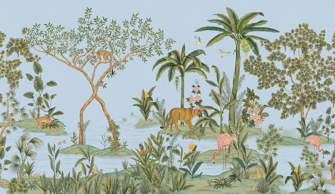 Tropical Jungle Wallpaper, Hand-Painted, Animal-Filled, Forest Wallpaper, Bedroom Wallpaper, Wall Mural Safari, Peel And Stick Wallpaper