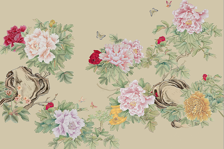 Chinoiserie Peony Mural, Ink-Wash Art Wallpaper, Hand-Painted Texture, Vintage Floral Scenic, Peel And Stick Decor, Elegant Living Room Wall