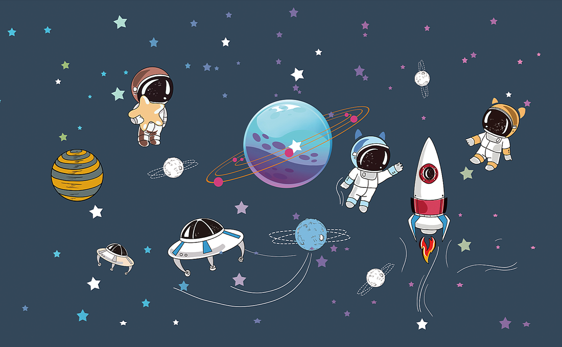 Kids Room Wallpaper, Fabric Mural, Ideal For Bedroom/Living Room, Chinoiserie Mural, Cartoon Space Adventure Removable Wall Mural