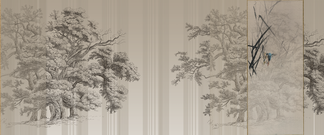 Black and White Theme Mural, Sketch Wallpaper, Franch Style Wallpaper, Tree Wall Mural, Luxury Mural,  Living Room Decor, Dark Wall Decal