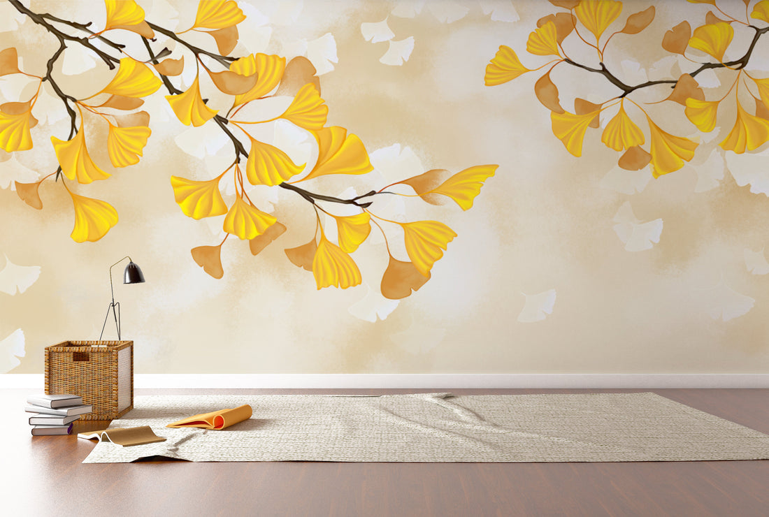Golden Ginkgo Leaf Peel and Stick Wallpaper, Autumn-Inspired Wall Decor, Botanical Wall Art, Living Room Design Ideas, Modern Farmhouse Decor