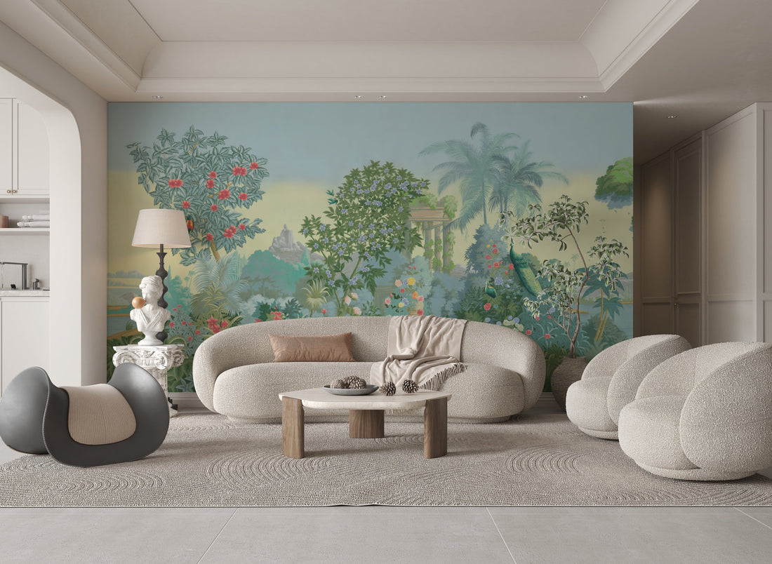 Lush Garden Peel and Stick Wallpaper, Tropical Botanical Wall Decor, Serene Floral Peel and Stick Wallpaper, Living Room Decor Ideas, Modern Farmhouse Decor