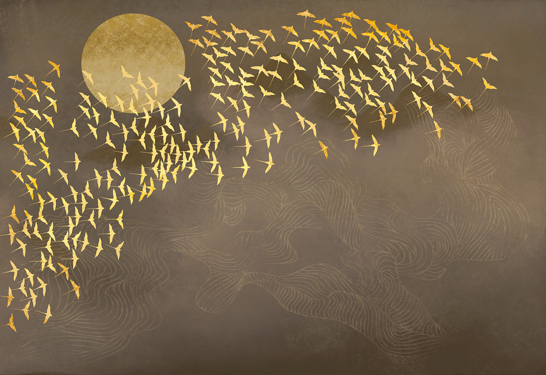 Chinoiserie Removable Wall Mural, Oriental Golden Birds & Moon Removable Wall Mural, Dark Wall Mural, Abstract Mural, Living Room Mural