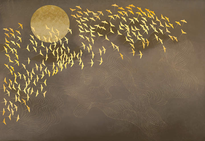 Chinoiserie Removable Wall Mural, Oriental Golden Birds & Moon Removable Wall Mural, Dark Wall Mural, Abstract Mural, Living Room Mural