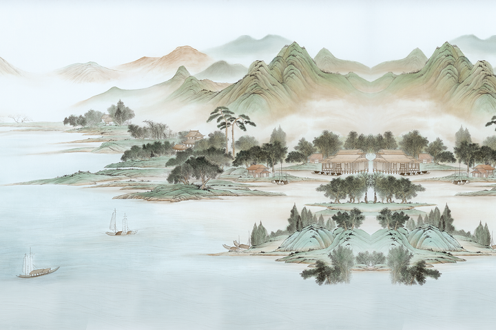 Retro Wallpaper, Vintage Chinoiserie Mural, Mountain Wall Mural, Peel And Stick, Landscape Mural, Wall Art, Pastel Mural, Luxury Wall Mural