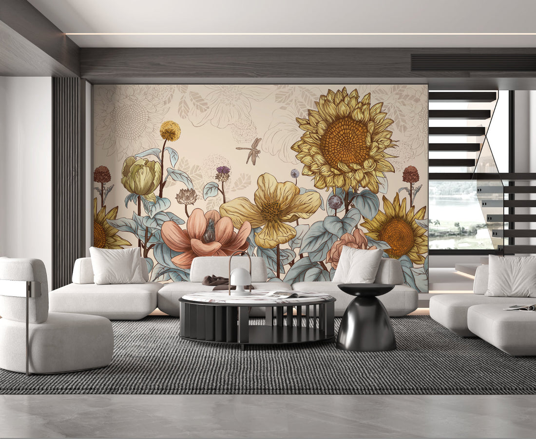 Floral Peel and Stick Wallpaper, Romantic Sunflower & Lotus Wall Decor, Warm Yellow & Pink Botanical Wallpaper, Self Adhesive Wallpaper for Living Room, Bedroom Design Ideas