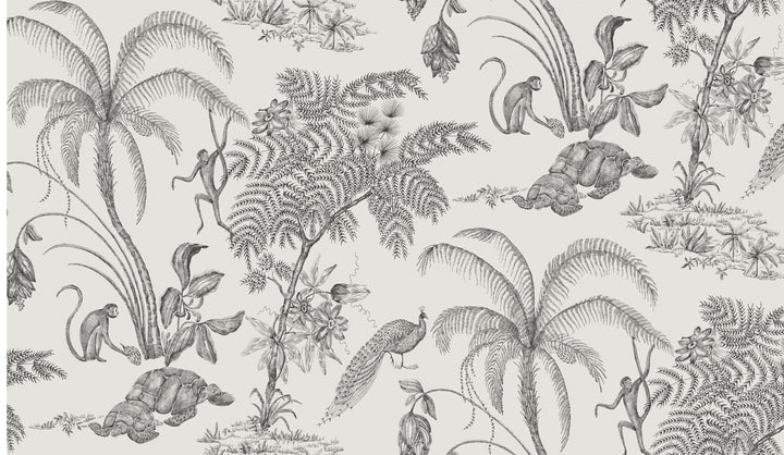 Black And White Theme Wallpaper, Vintage Chinoiserie Fabric Mural, Oriental Decor, Peel And Stick, Scenic Decor, Floral Jungle Mural