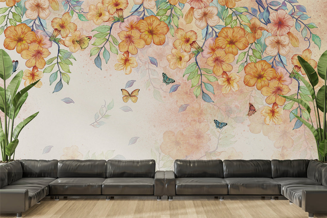 Floral Peel and Stick Wallpaper, Orange and Yellow Flower Wall Decor, Butterfly Wallpaper for Living Room, Self Adhesive Wallpaper, Nature-Inspired Wall Art, Elegant Home Decor