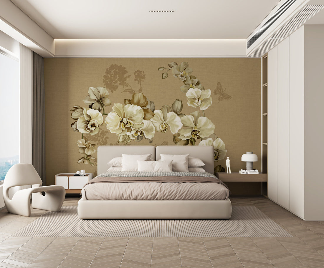 Traditional Floral Wallpaper, Elegant Orchid Design with Butterflies, Peel and Stick Wallpaper, Living Room Decor Ideas, Bedroom Wall Art, Self Adhesive Wallpaper, Modern Farmhouse Decor