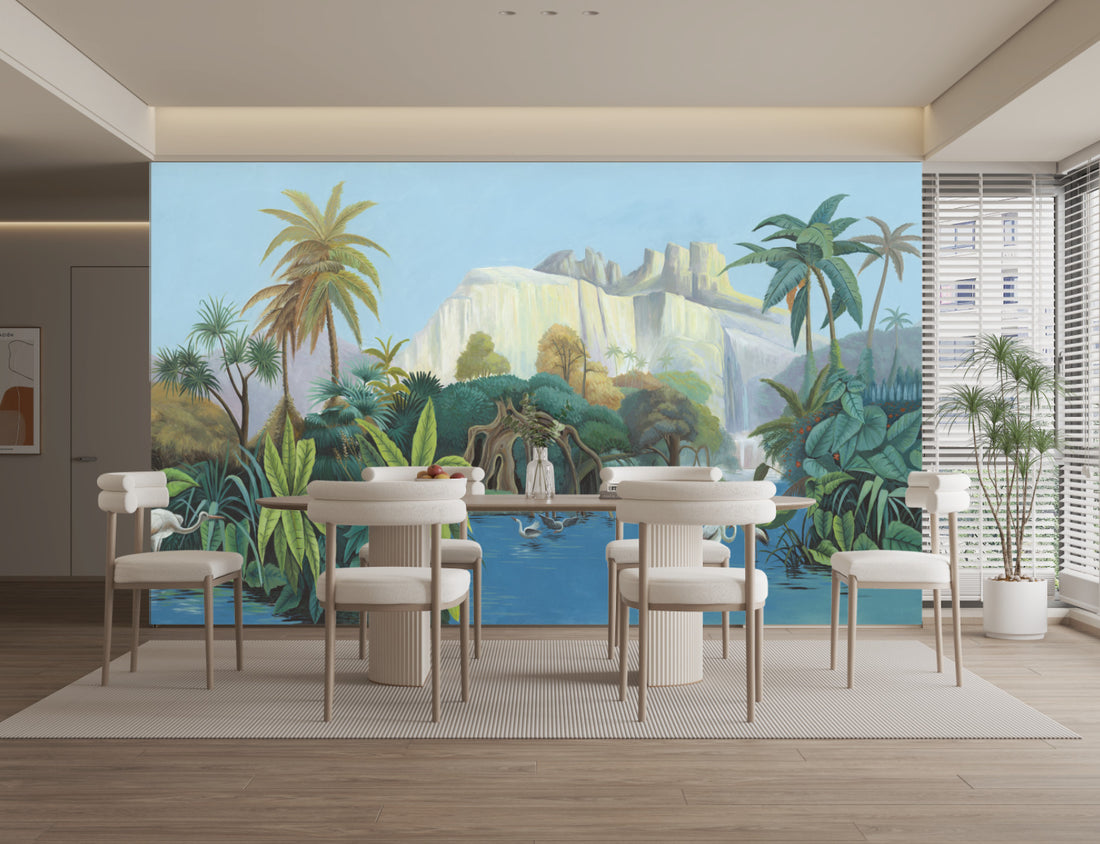 Tropical Landscape Wall Art, Waterfall Canvas Print, Palm Tree Wall Decor, Nature Wall Mural, Large Wall Art for Living Room, Modern Home Decor
