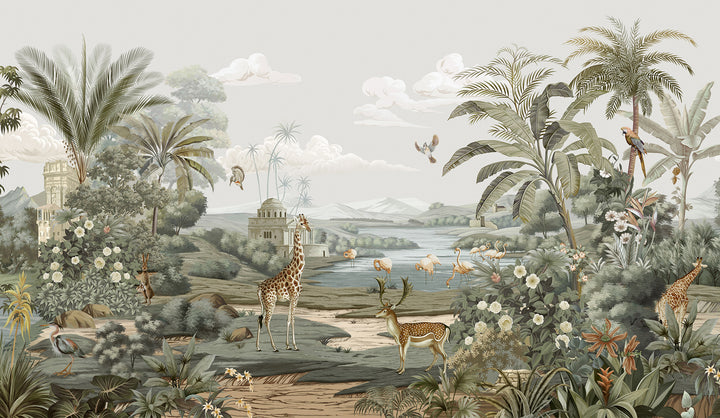 Giraffe Wallpaper, Wild Forest Dark Floral Botanical Jungle Mural, Peel And Stick Mural, Modern Removable Retro Rustic Wallpaper