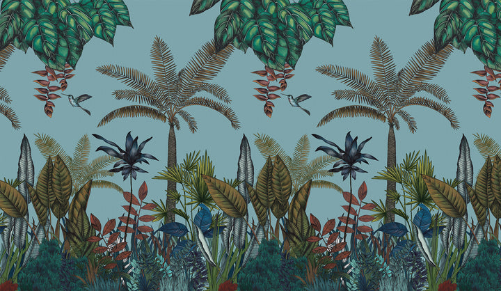 Black And White Wallpaper, Tropical Jungle Peel And Stick Mural, Botanical Decor, Wild Forest Wallpaper, Blue Wall Decor, Trees Wallpaper