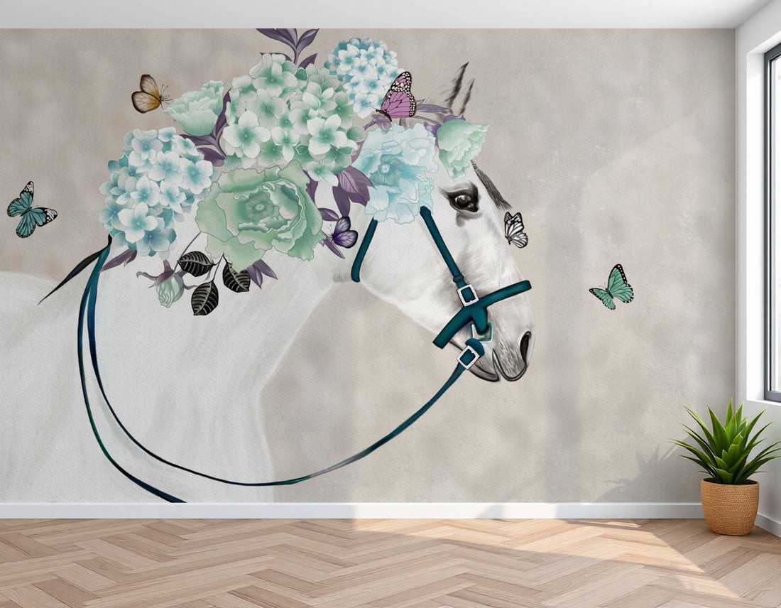 Serene Horse Floral Wallpaper, Peel and Stick Wallpaper for Living Room, Modern Wall Art for Living Room, Large Canvas Wall Art, Black and White Wall Art, Living Room Decor Ideas
