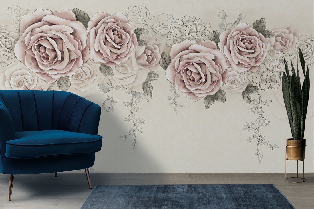 Floral Peel and Stick Wallpaper, Pink and Grey Roses, Elegant Living Room Decor, Romantic Bedroom Wallpaper, Self Adhesive Wallpaper, Modern Farmhouse Decor