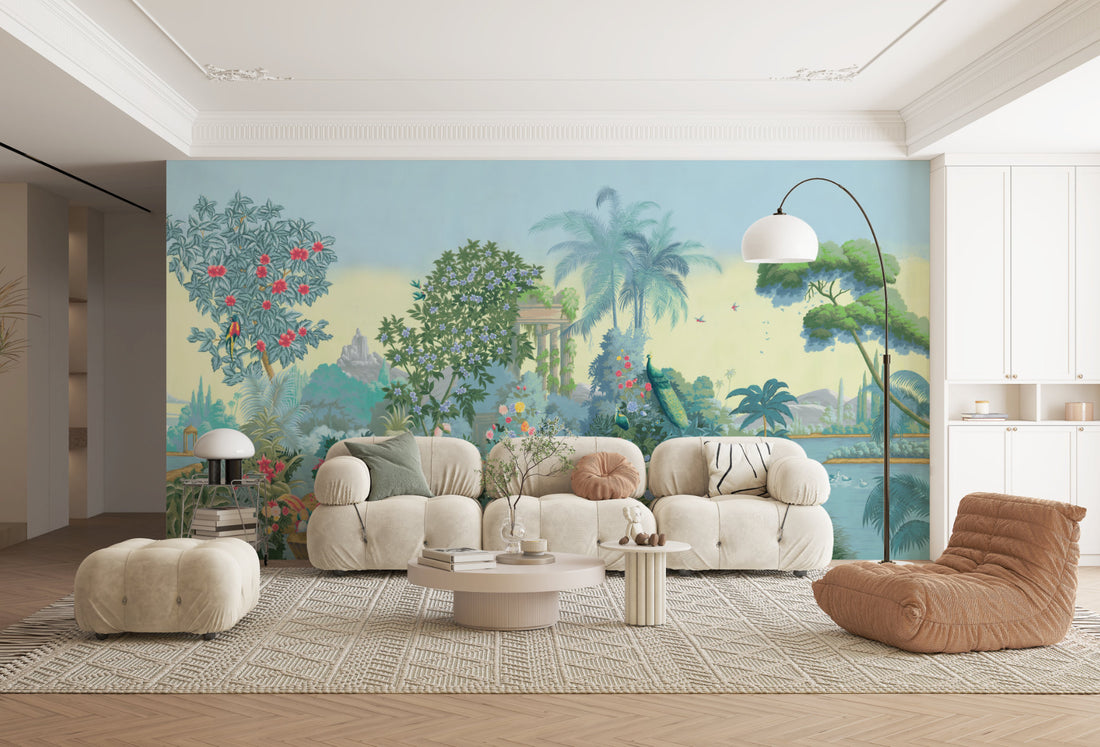 Lush Garden Peel and Stick Wallpaper, Tropical Botanical Wall Decor, Serene Floral Peel and Stick Wallpaper, Living Room Decor Ideas, Modern Farmhouse Decor