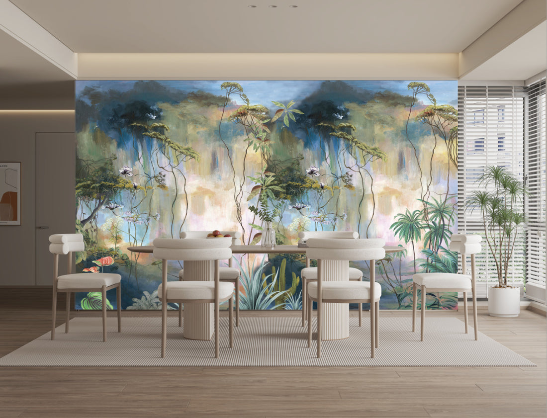 Fantasy Forest Wallpaper, Dreamy Jungle Wall Art, Ethereal Botanical Wall Decor, Pastel Floral Peel and Stick Wallpaper, Serene Nature Mural for Bedroom