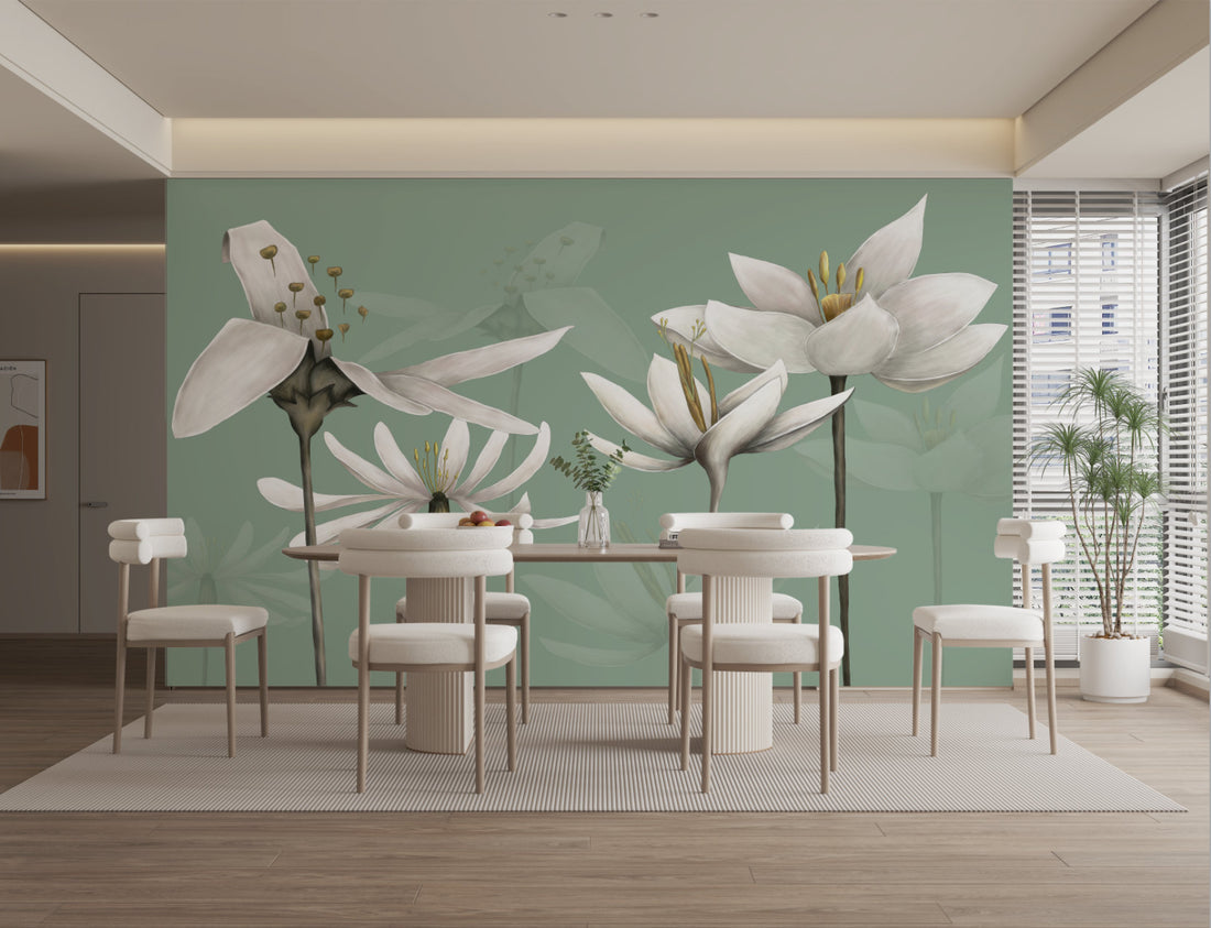 Floral Peel and Stick Wallpaper, White Lily Wall Decor, Botanical Wallpaper for Living Room, Self Adhesive Wallpaper, Green Floral Wallpaper, Nature Inspired Wall Art