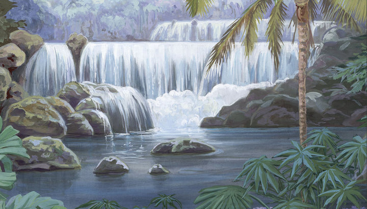 Tropical Waterfall Wallpaper, Serene Nature Background, Lush Greenery Digital Art, Peaceful Waterfall Scene, HD Landscape for Devices