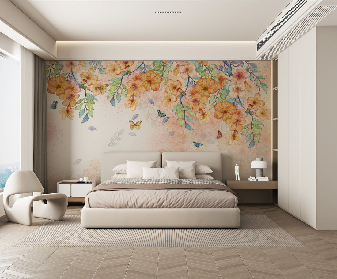Floral Peel and Stick Wallpaper, Orange and Yellow Flower Wall Decor, Butterfly Wallpaper for Living Room, Self Adhesive Wallpaper, Nature-Inspired Wall Art, Elegant Home Decor