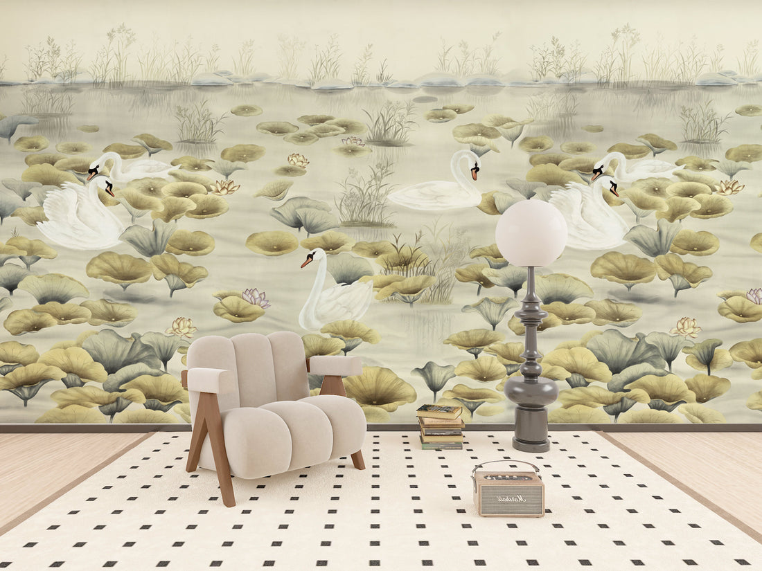 Traditional Lake Scene Wallpaper, Serene Swan & Lotus Design, Chinese Inspired Wall Art, Calming Neutral Tones, Peel and Stick Wallpaper, Living Room Decor Ideas, Bedroom Wall Decor