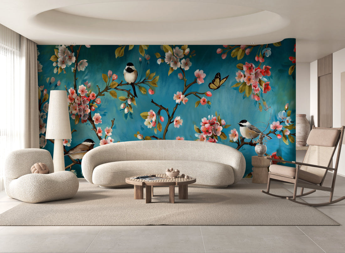 Nature Inspired Wallpaper, Beautiful Floral and Bird Wall Art, Blue Background Peel and Stick Wallpaper, Modern Living Room Decor Ideas, Large Canvas Wall Art, Self Adhesive Wallpaper for Bedroom