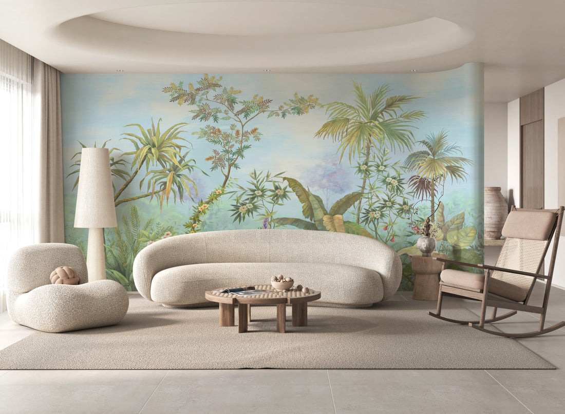 Tropical Rainforest Peel and Stick Wallpaper, Lush Green Botanical Wall Decor, Pastel Sky Jungle Wall Mural, Living Room Decor Ideas, Bedroom Wall Art, Self Adhesive Removable Wallpaper