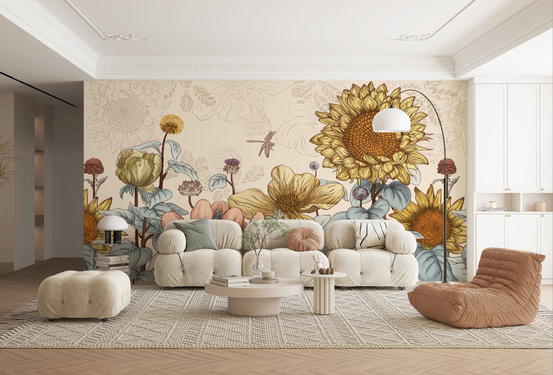 Floral Peel and Stick Wallpaper, Romantic Sunflower & Lotus Wall Decor, Warm Yellow & Pink Botanical Wallpaper, Self Adhesive Wallpaper for Living Room, Bedroom Design Ideas