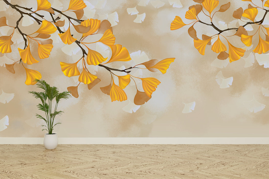 Golden Ginkgo Leaf Peel and Stick Wallpaper, Autumn-Inspired Wall Decor, Botanical Wall Art, Living Room Design Ideas, Modern Farmhouse Decor