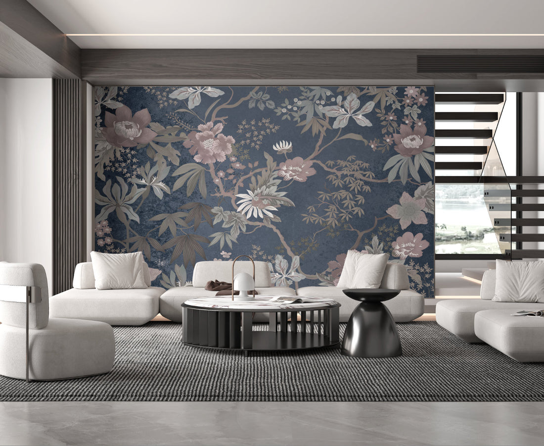 Floral Peel and Stick Wallpaper, Pink and Blue Botanical Wallpaper, Traditional Oriental Wall Art, Self Adhesive Wallpaper for Living Room, Bedroom Decor