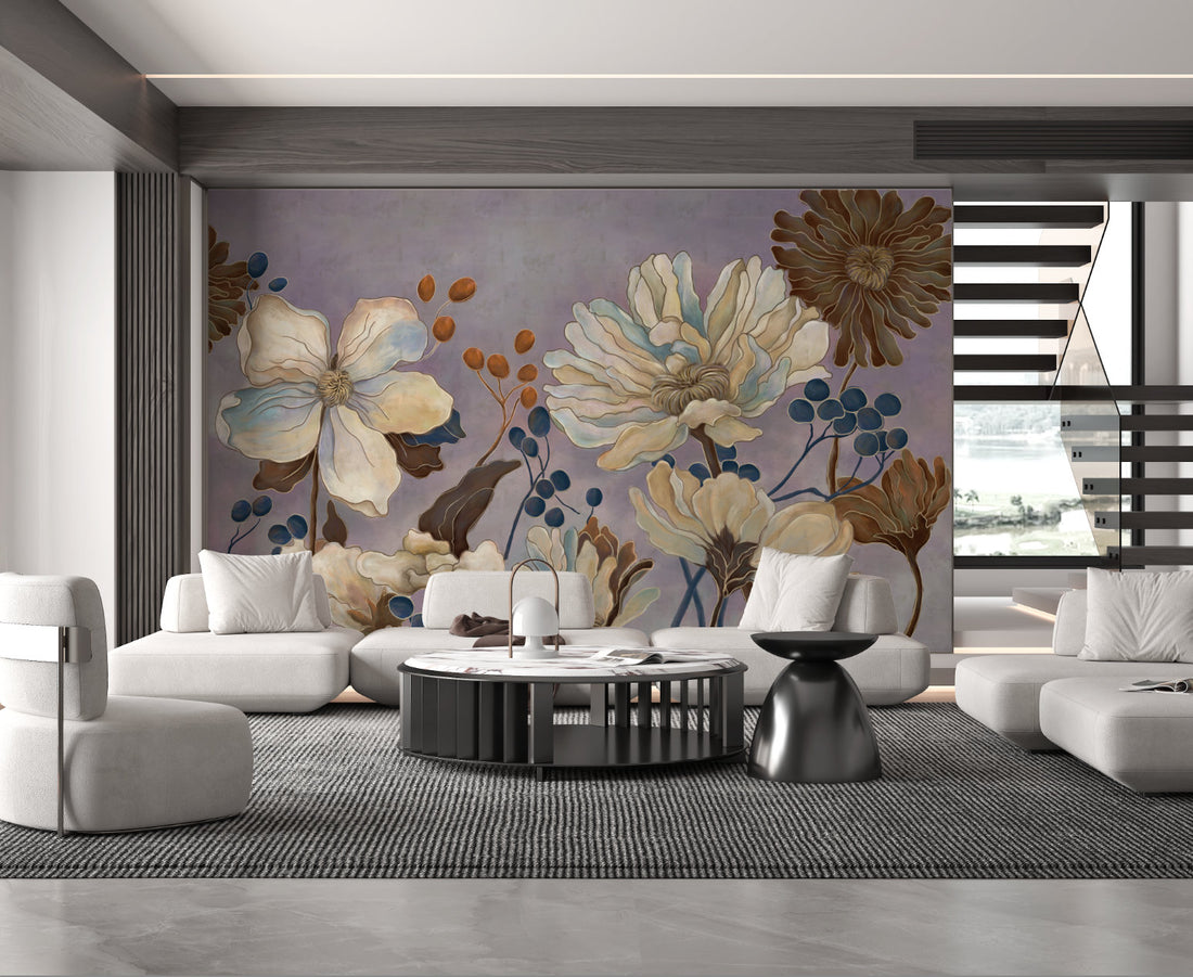 Floral Peel and Stick Wallpaper, Botanical Wall Art for Living Room, Blue and Gold Wallpaper, Large Canvas Wall Art, Modern Farmhouse Decor, Affordable Home Decor
